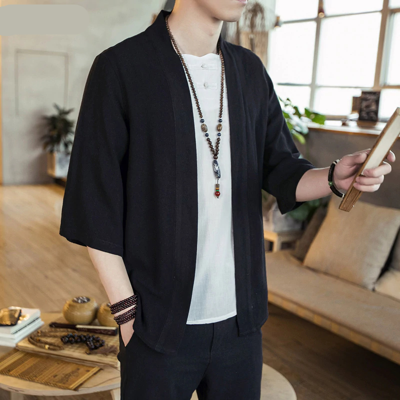 Men’s Cotton Kimono Loose Cardigan Solid Slim Outerwear